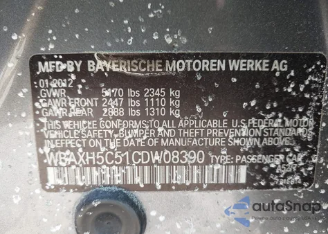 2012 BMW 528I xDrive из США, поврежденный, VIN WBAXH5C51CDW08390